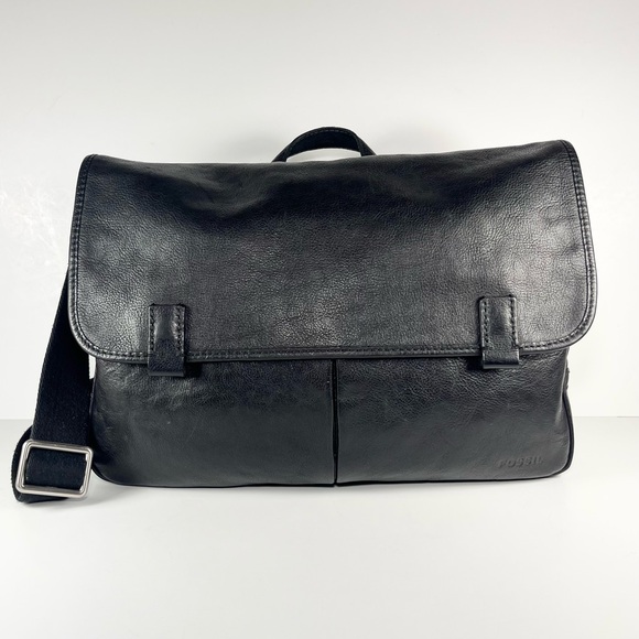 Vtg Fossil Black Soft Leather Messenger Crossbody Bag Men’s Laptop/Briefcase - Picture 1 of 16